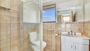 A bathroom with a glass shower enclosure, a toilet, a sink with a mirror above it, and a window with a view. - Queensland South (Aldinga Beach)