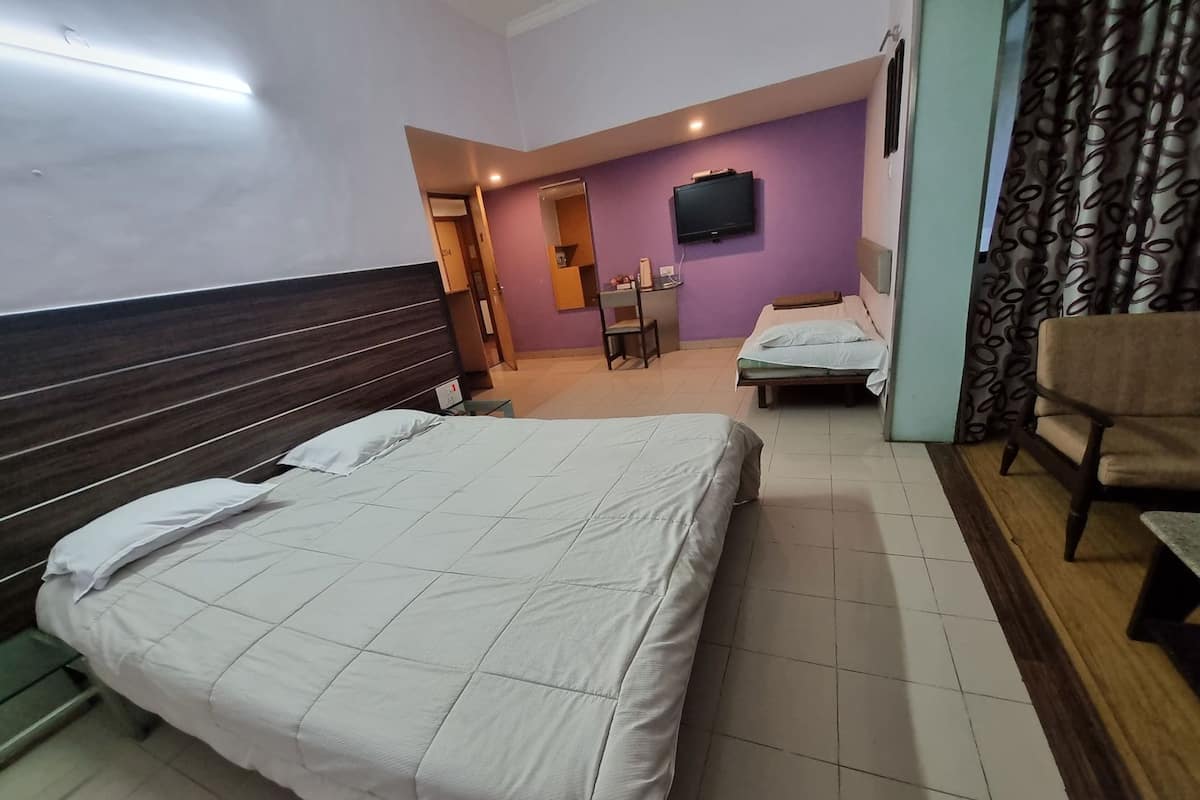 Una habitación de hotel con una cama grande, una cama más pequeña, un televisor, una silla y un escritorio.