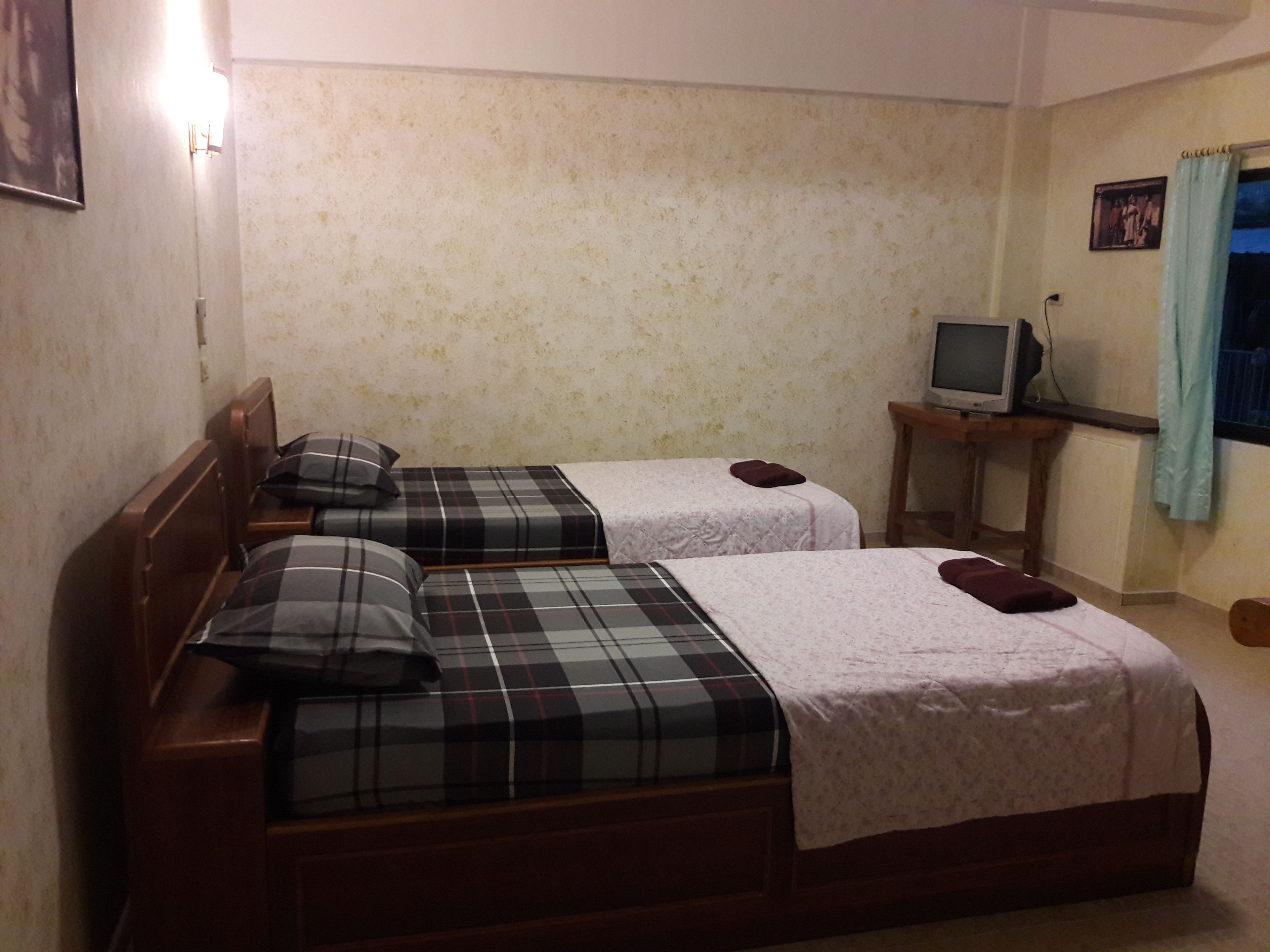 Ein Zimmer mit zwei Betten, jeweils mit kariertem Überwurf und Kissen, einem Fernseher auf einem Holztisch und einem Gemälde an der Wand.