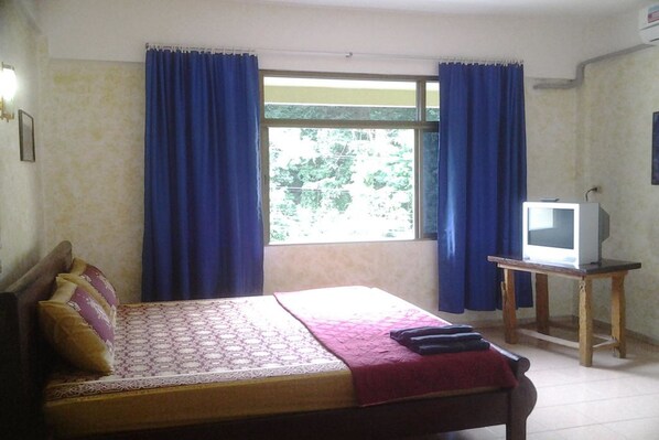 A room with a bed, a television on a small table, and curtains on the window.
