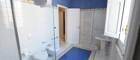 A bathroom with a shower, toilet, bidet, and sink.