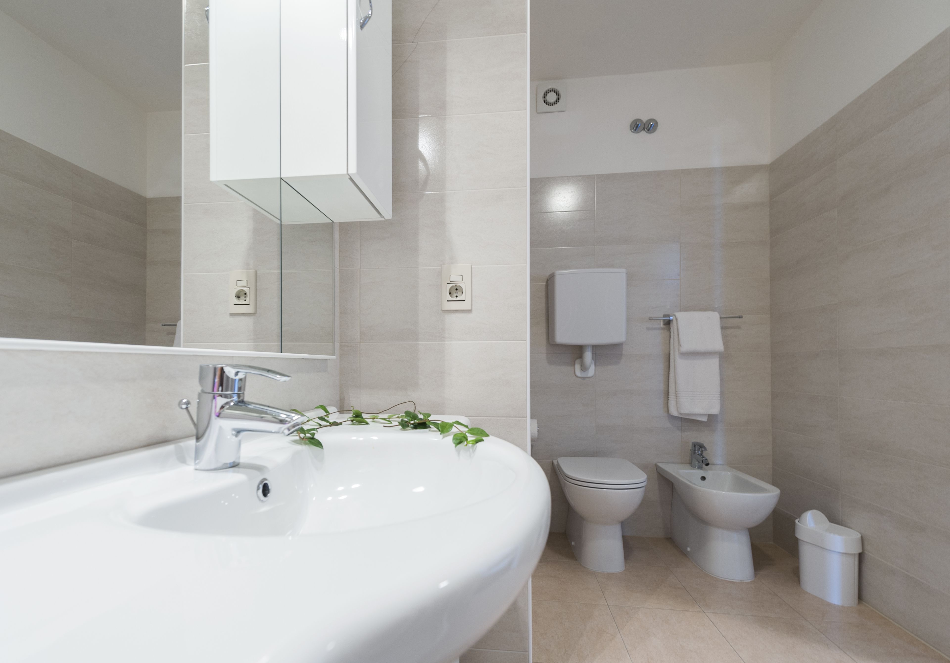 A modern bathroom with a large sink, a toilet, a bidet, and a mirror.