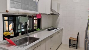A kitchen with a stainless steel sink, a gas stove, and cabinets. - Chance Encounter (Luodong)