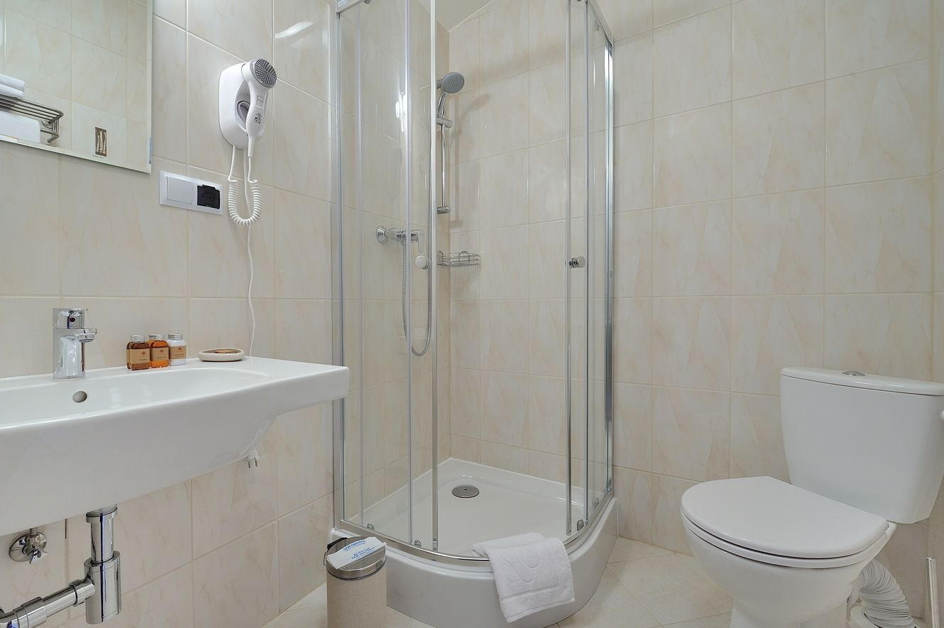 shower, free toiletries, hair dryer, towels