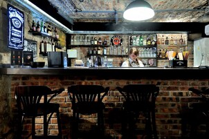 A bar with a brick wall, shelves of liquor, and a bartender.