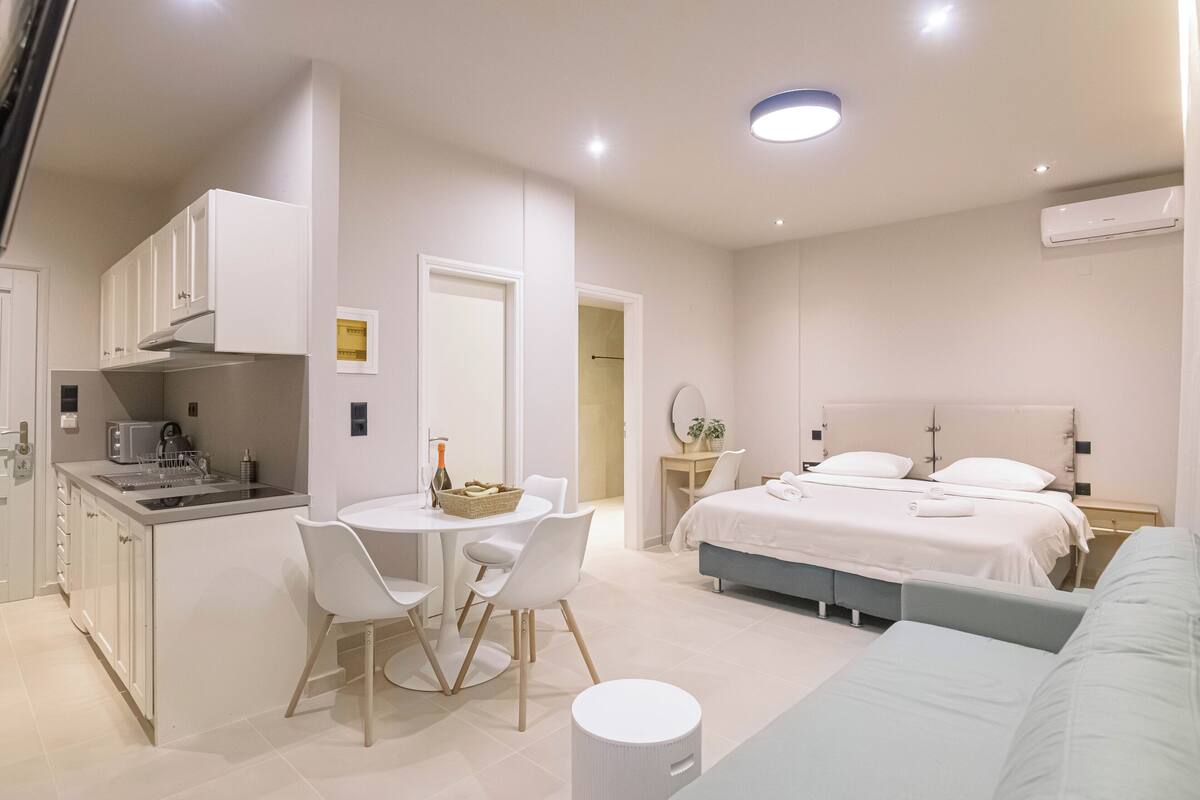 A modern, well-lit room with a kitchenette, a dining area, and a bed.