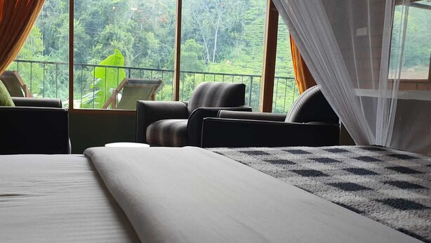 A bedroom with a large bed, two armchairs, and a view of a lush forest through large windows. - Ayubo Ella - Bed & Breakfast (Ella)