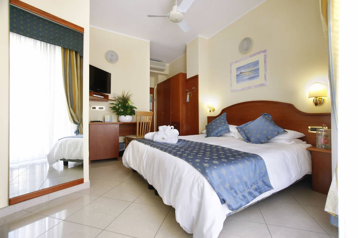 A hotel room with a bed, a desk, a chair, a television, and a mirror.