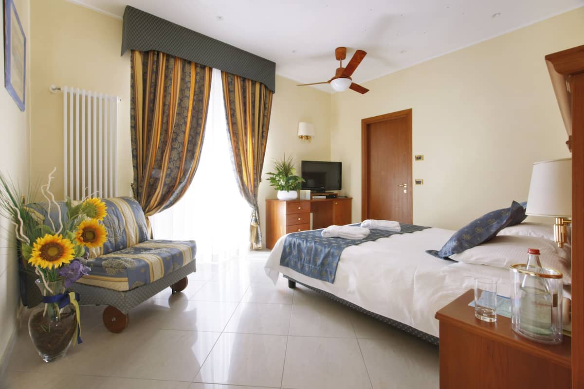 A hotel room with a bed, a TV, a desk, a chair, a plant, and a window with curtains.