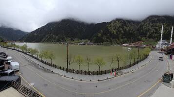 A road curving around a lake with a mountain backdrop and a mosque.