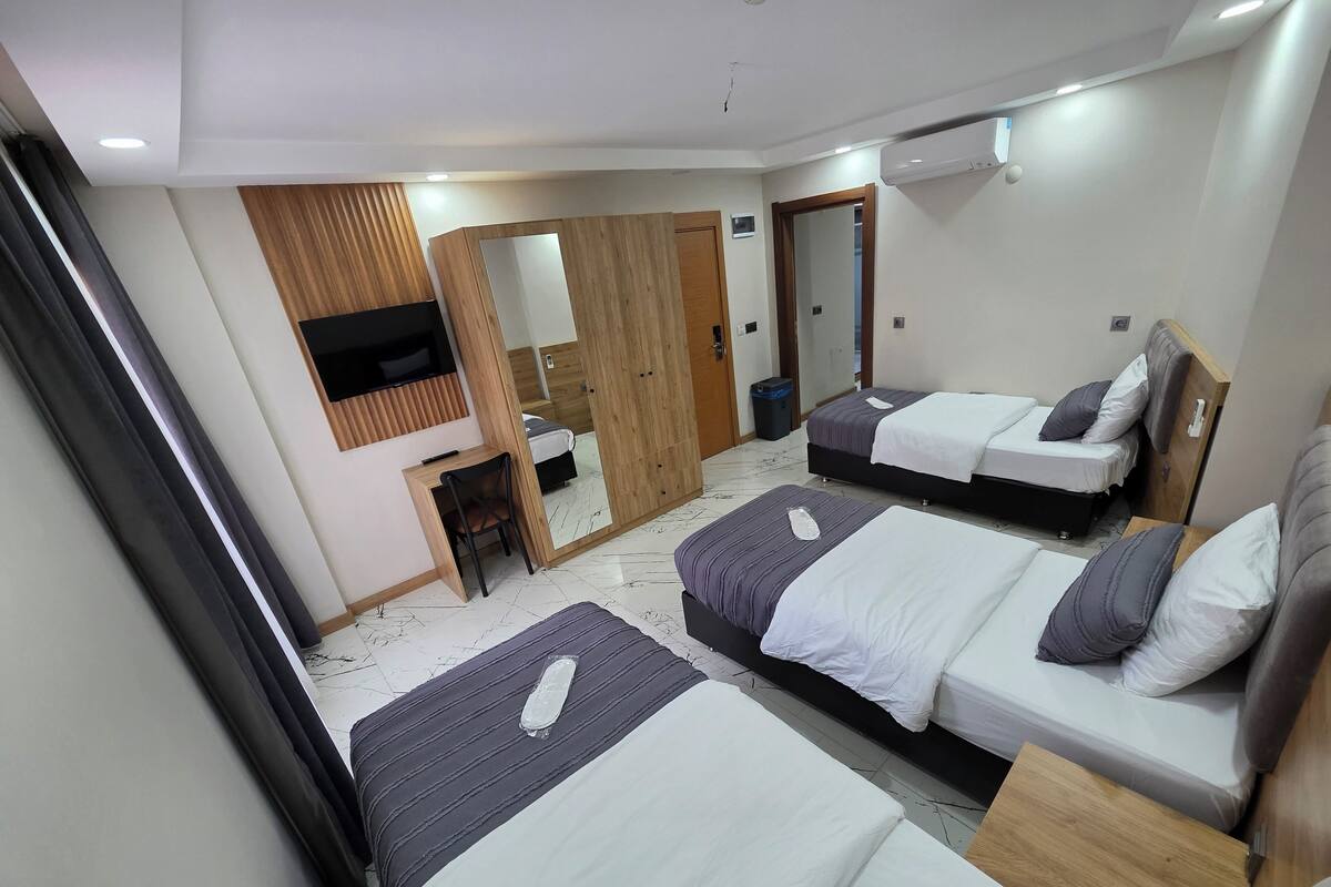 Een hotelkamer met twee bedden, een bureau, een stoel, een televisie en een kledingkast.