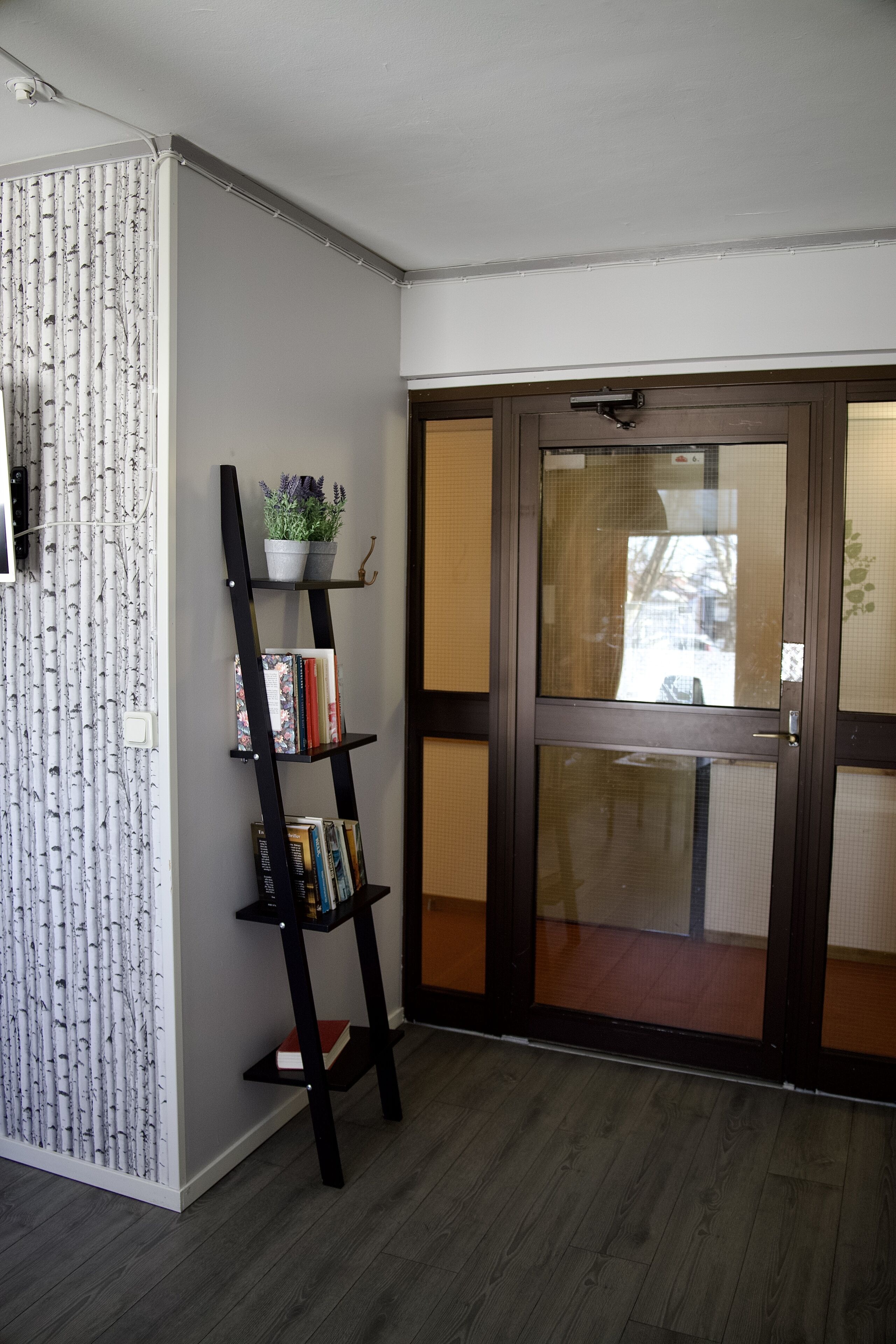 Una habitación con suelo de madera, una estantería negra con libros y una planta, una cortina blanca con estampado de árbol, y una puerta de madera con un panel de vidrio.