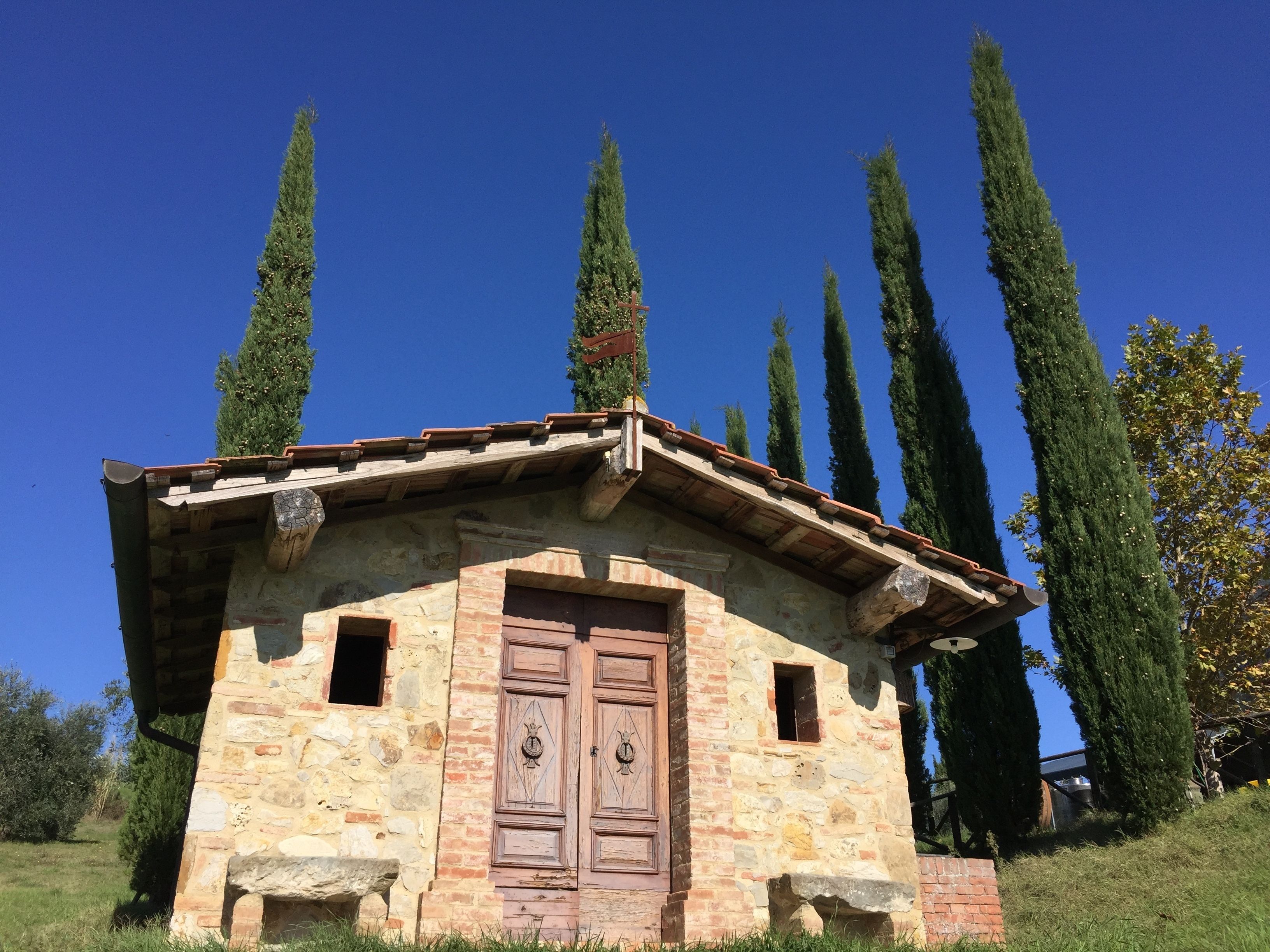A stone building with a wooden door and a small window, surrounded by tall cypress trees.