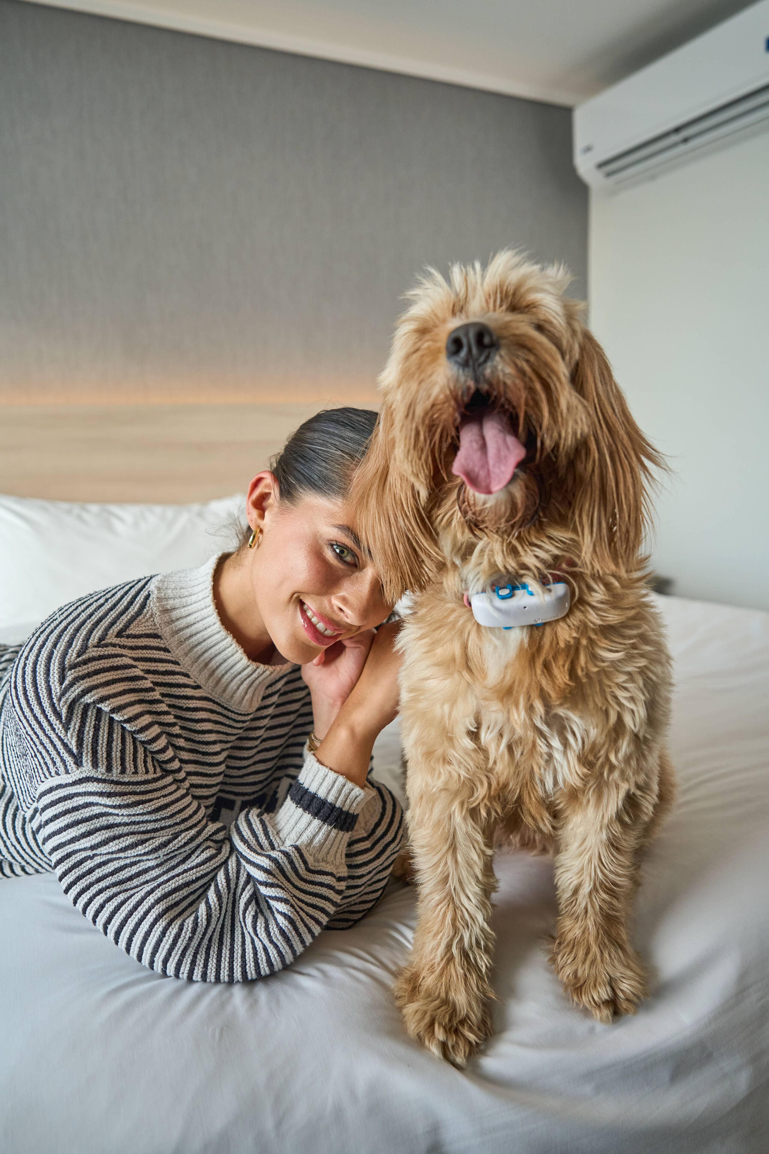 A person lying on a bed with a dog.