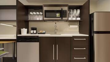 Full-size fridge, coffee/tea maker