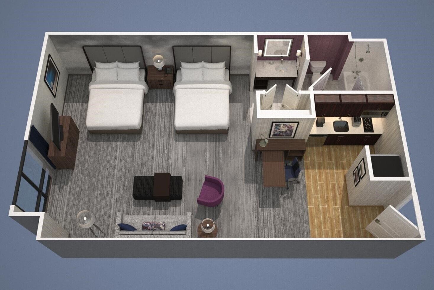 studio, 2 queen beds, non smoking | floor plan