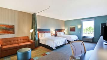 Desk, laptop workspace, blackout curtains, iron/ironing board