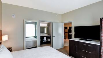 Desk, laptop workspace, blackout curtains, iron/ironing board