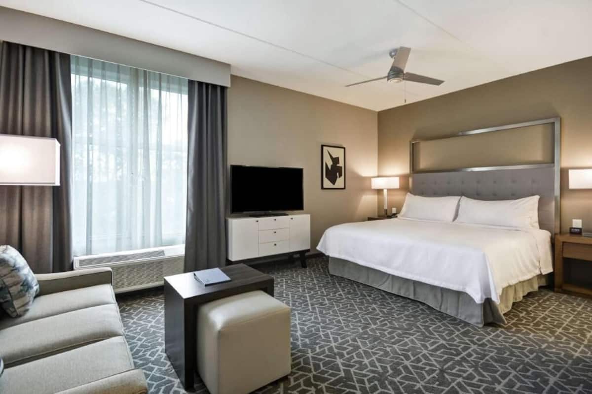 Hypo-allergenic bedding, desk, laptop workspace, blackout drapes