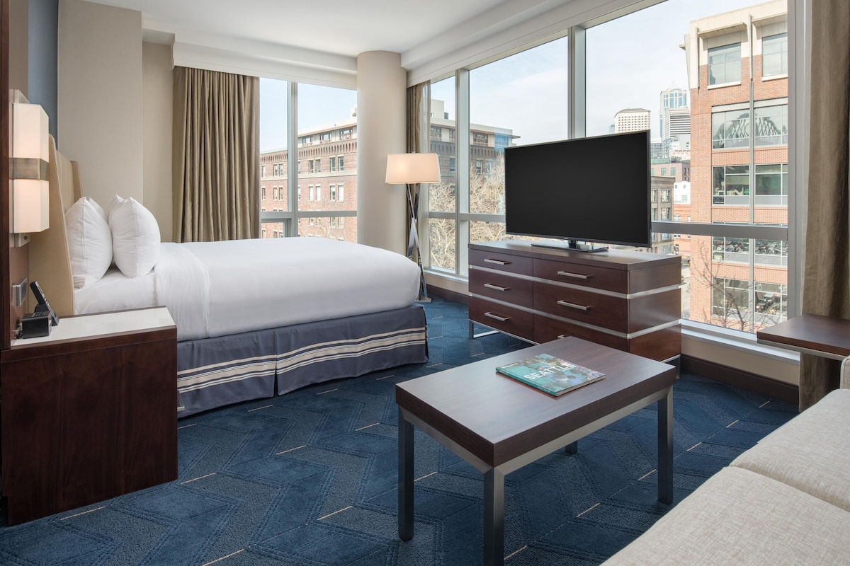 A hotel room with a bed, a desk, a television, and a view of the city.