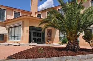 Hotel con una palmera al frente, techo de tejas y un cartel que indica el nombre del hotel.