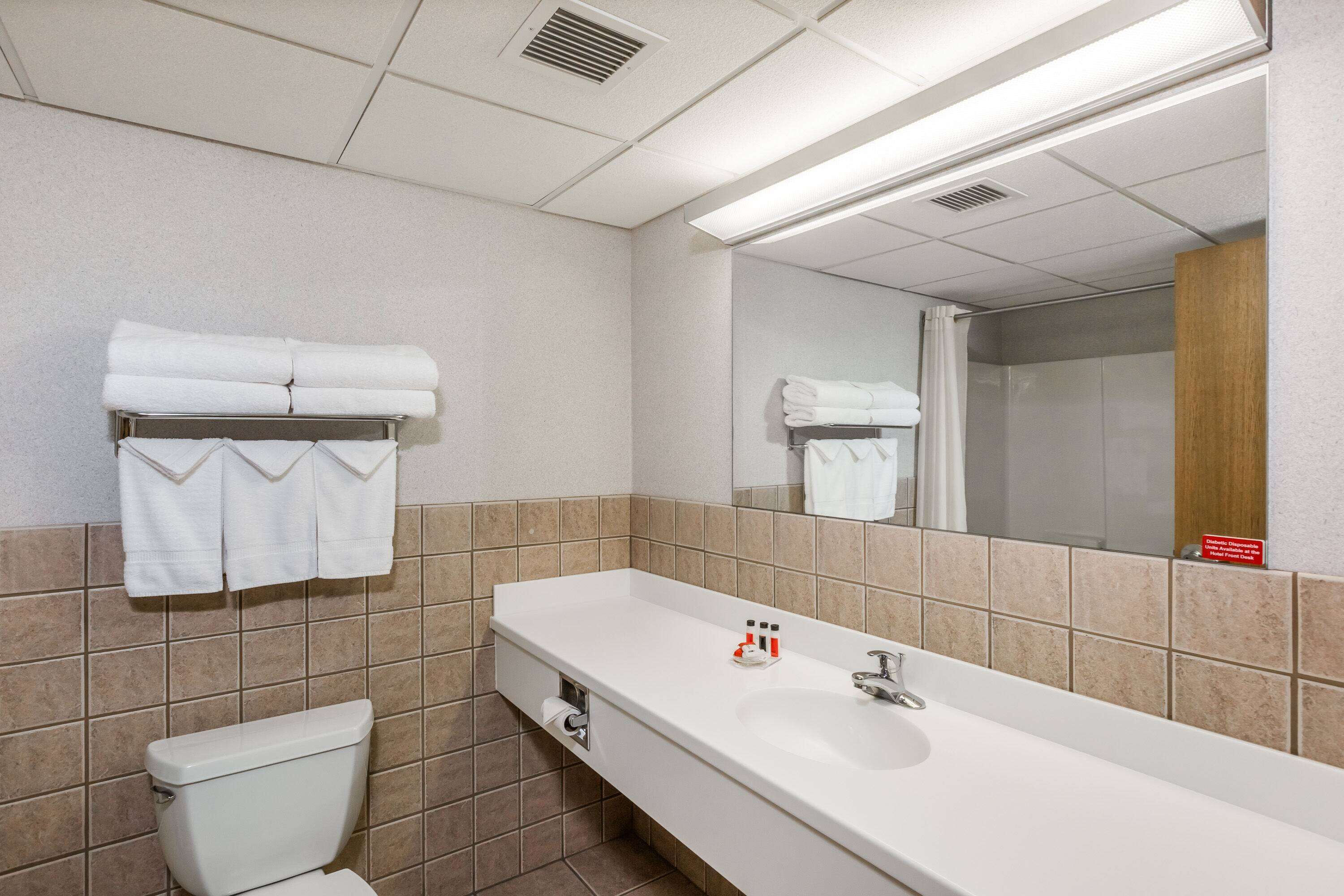 Un baño de hotel con lavamanos blanco, espejo y toallero.