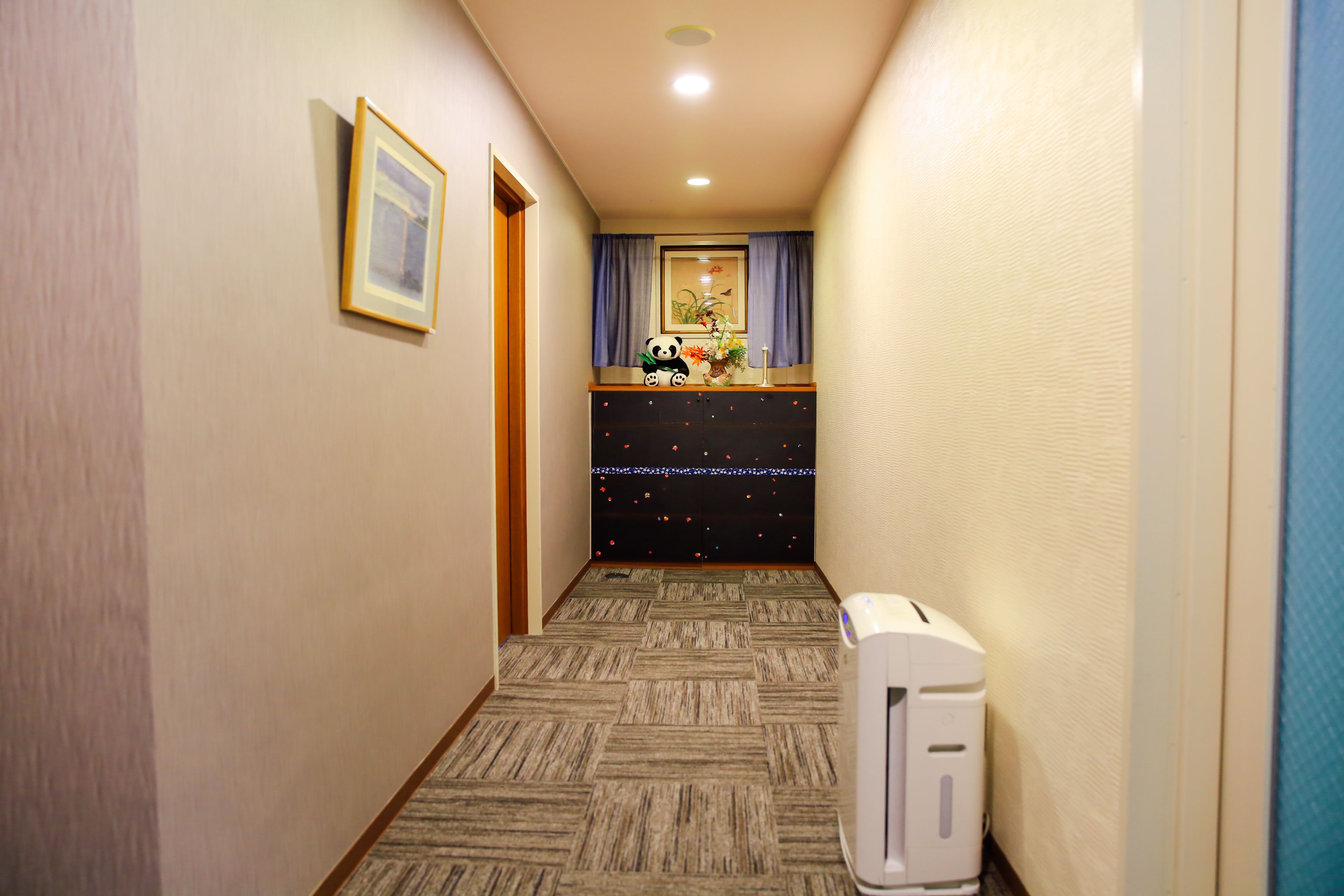 Ein Hotelgang mit gemustertem Teppich, einem gerahmten Bild an der Wand, einem Empfangstisch mit Pflanze und dekorativer Beleuchtung sowie einem weißen Gerät auf dem Boden.