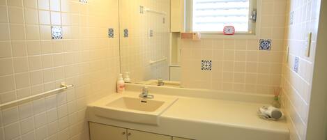 A bathroom with a sink, mirror, and window.