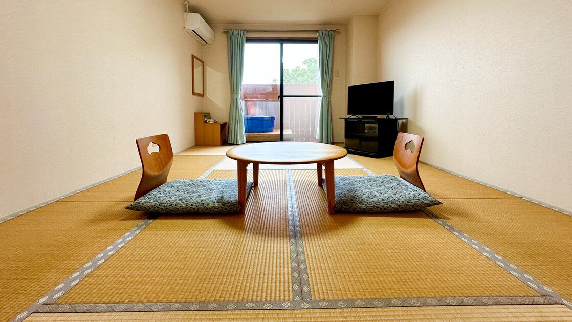A room with tatami flooring, a round table, two chairs, a television, and a sliding door leading to an outdoor area.