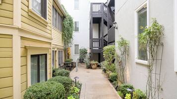 A narrow alleyway with a concrete path flanked by greenery and potted plants.