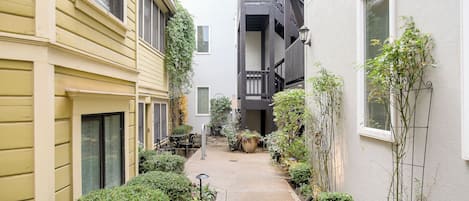 A narrow alleyway with a concrete path flanked by greenery and potted plants.