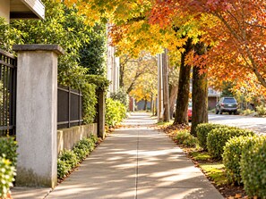 A tree-lined sidewalk with a concrete path, bordered by a metal fence and trimmed hedges.