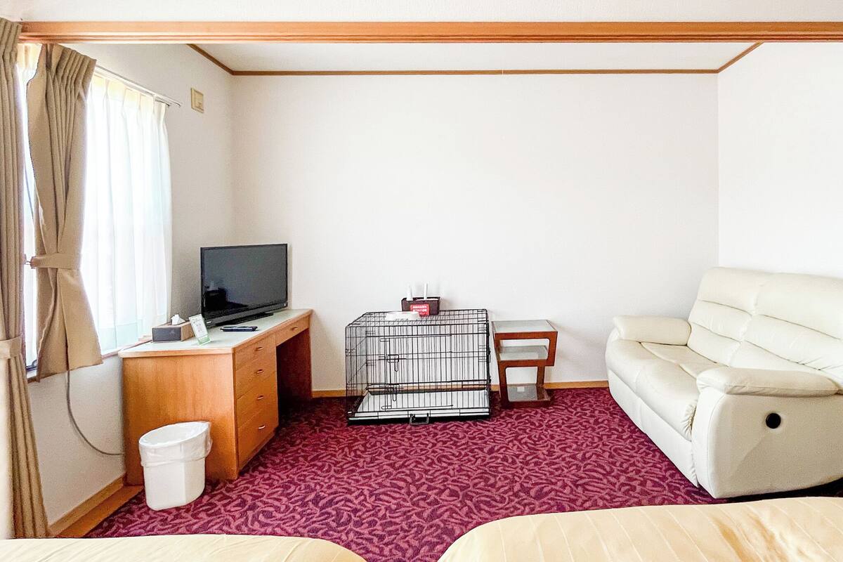A compact room with a bed, a desk with a television, a small table, a white sofa, and a pet cage.