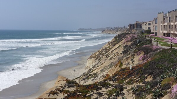 On the beach, sun loungers, beach towels