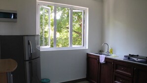 A kitchen with a window, a refrigerator, a sink, and wooden cabinets. - Lariad BnB (Flic-en-Flac)