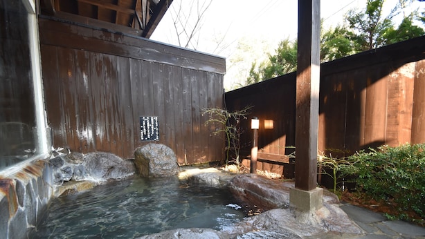 A hot spring area with stone steps leading into a clear pool, surrounded by wooden structures and greenery.