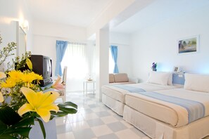 Habitación de hotel con dos camas, televisión, una mesita y un florero.