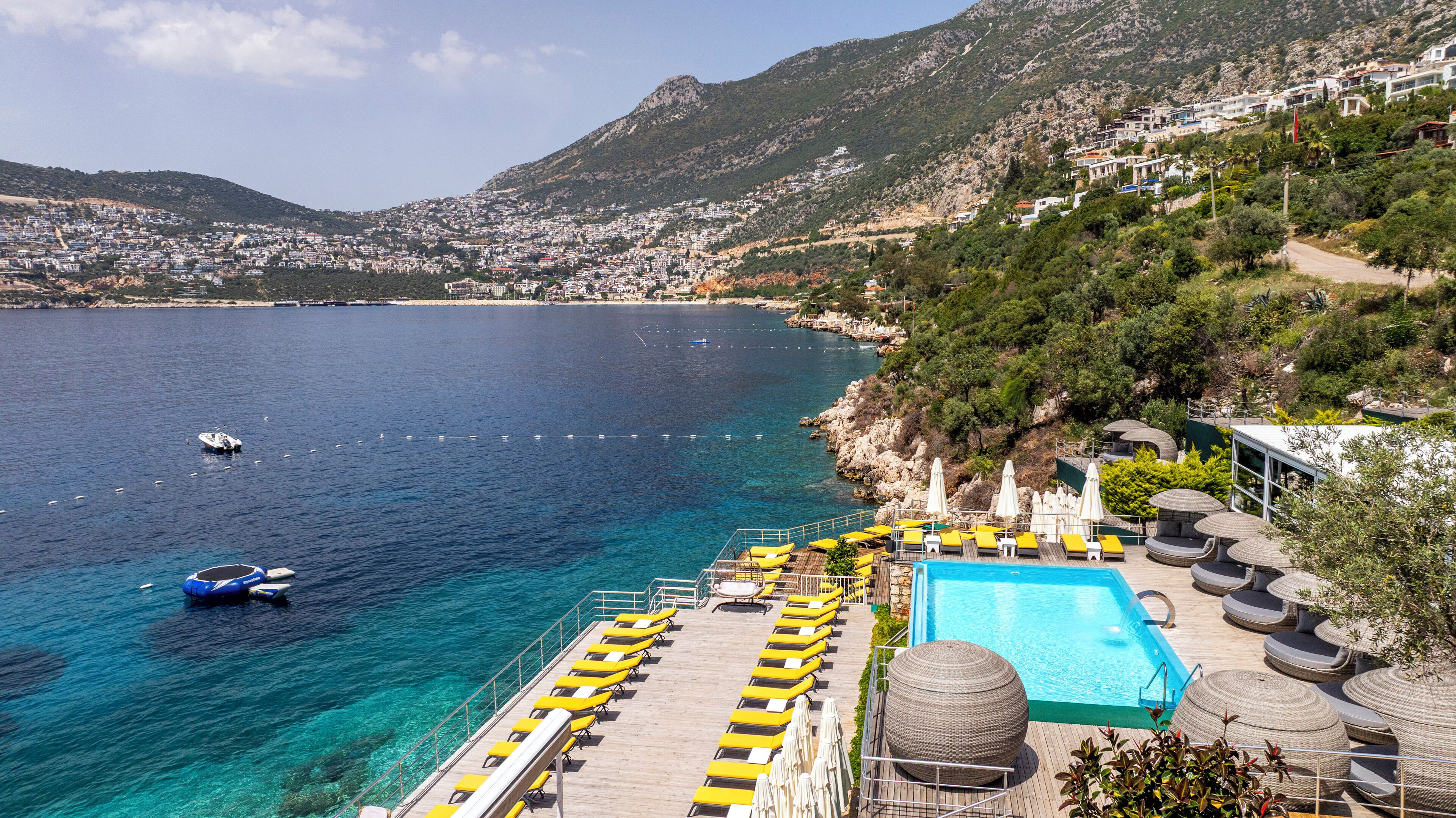 outdoor pool, pool umbrellas, pool loungers