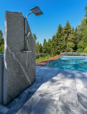 Outdoor pool, pool umbrellas, sun loungers