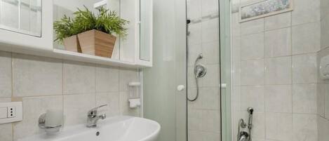 Un baño con lavabo blanco, cabina de ducha de cristal y una planta en maceta sobre una estantería.
