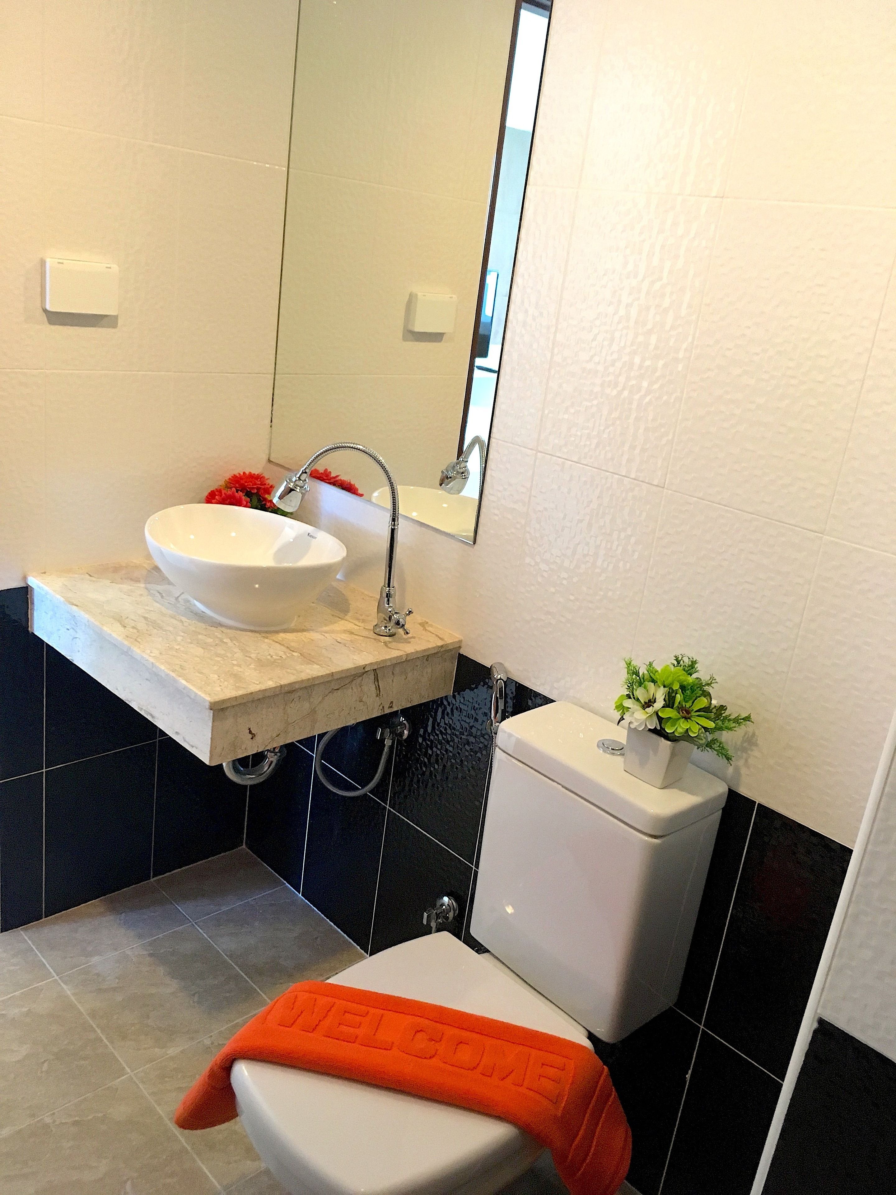A bathroom with a white sink, a mirror, a toilet, and a small plant on the toilet tank.