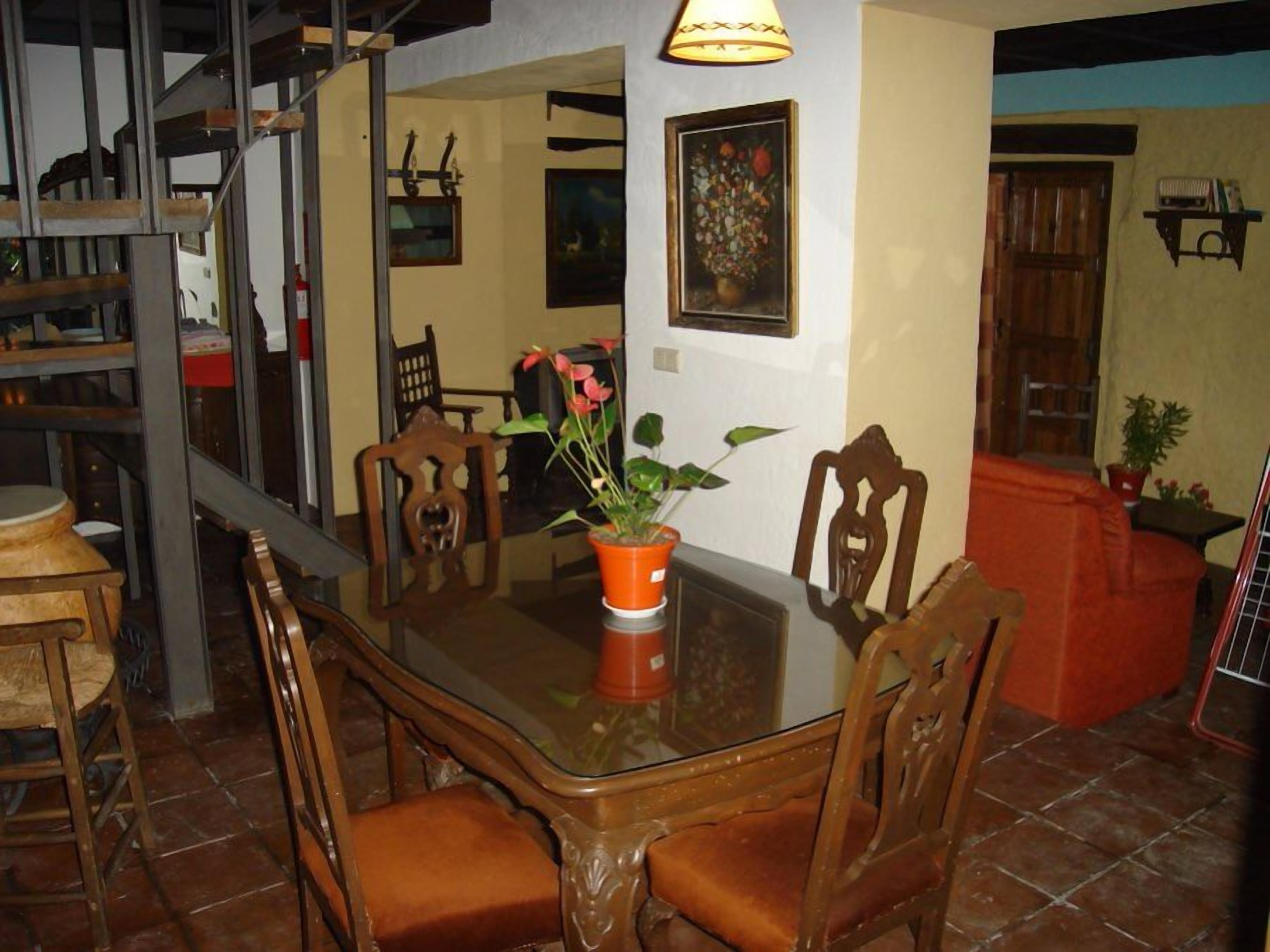 A dining area with a glass table, wooden chairs, and a potted plant.