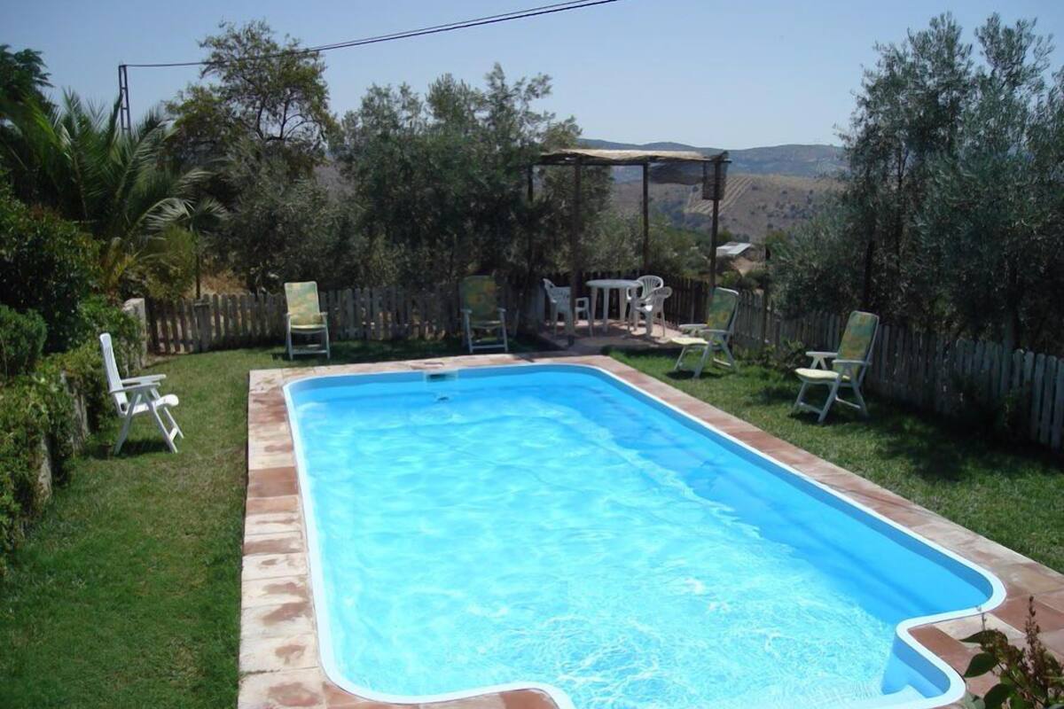 Una piscina rectangular con borde de azulejos, rodeada por un césped y una valla de madera.