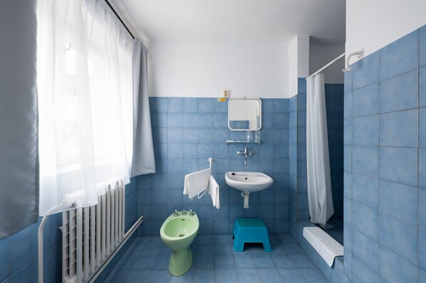 A bathroom with a green bidet, a white sink, and a blue-tiled shower area. - Hotel Horní Pramen (Spindleruv Mlyn)