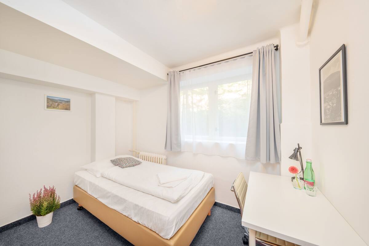 A bedroom with a bed, a bedside table, a radiator, a window with curtains, a small potted plant, and a framed picture on the wall.