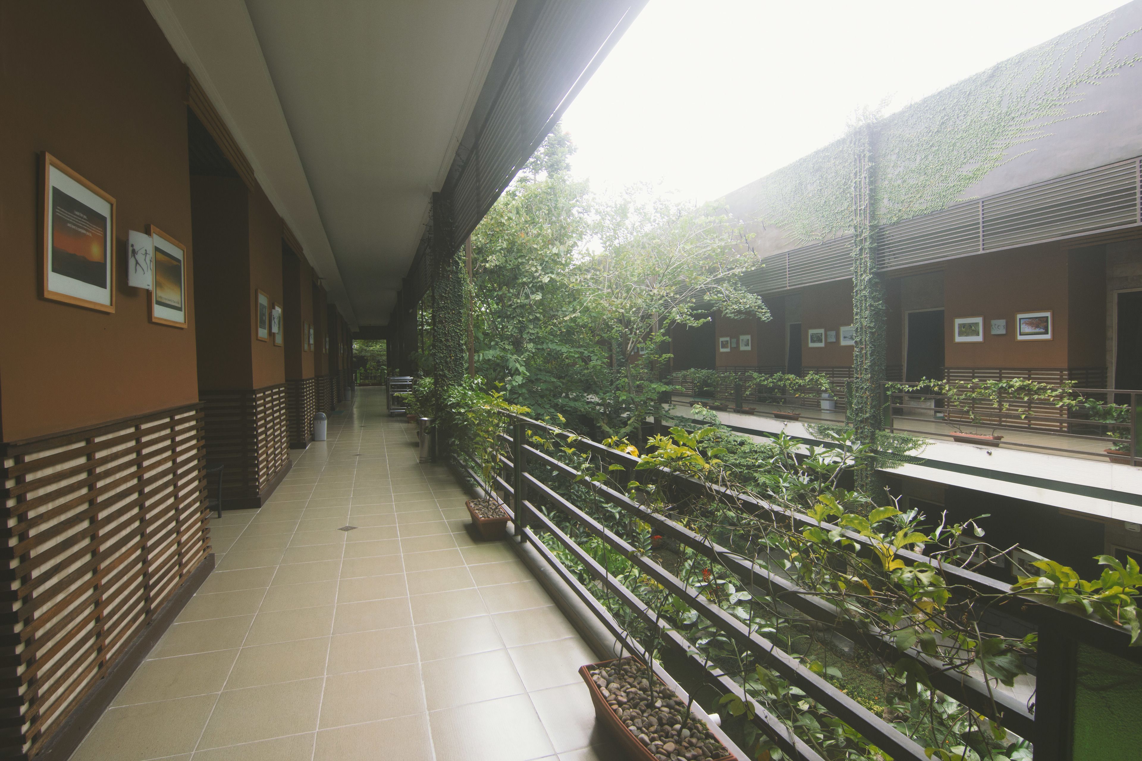 A corridor with tiled flooring, wooden railings, and potted plants.