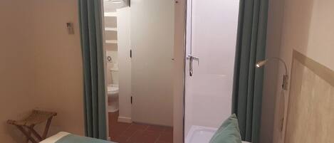 Una habitación de hotel con cama, ducha y vista al baño.