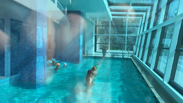 An indoor swimming pool with clear glass walls, a tiled floor, and a modern architectural design. - Aqua Spa Reñaca (Vina del Mar)