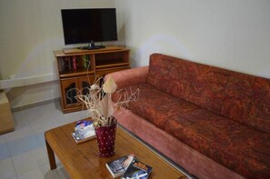 A living room with a sofa, a coffee table with books and a vase, and a TV on a stand.