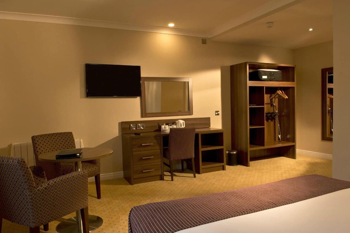 A hotel room with a bed, a desk with a chair, a television, a mirror, a wardrobe, and a small table.